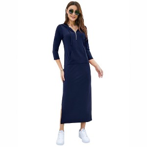Coolmee Women Casual Maxi Dress Quarter-Zip Neck 3/4 Sleeve Slim Slit Pullover Hoodie Long Dress with Front Pocket - 1 of 4