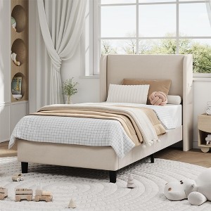 Bed Frame with Headboad and Wingback, Elegant Vertical Stripe Design Velvet Upholstered Bed Frame with 2 Storage Pockets - 1 of 4