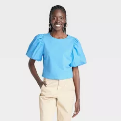 Women's Puff Short Sleeve T-Shirt - A New Day™ Blue L