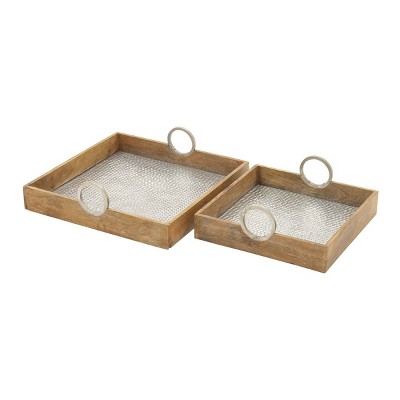 Set of 2 Farmhouse Mango Wood and Metal Dimple Trays Brown - Olivia & May