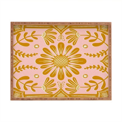 Sewzinski Boho Florals Yellow White Pink Rectangular Bamboo Tray - Deny Designs