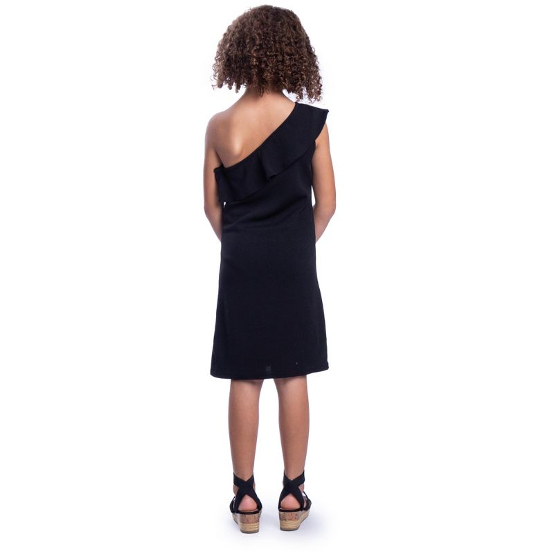 24seven Comfort Apparel Girls Solid Color One Shoulder Ruffle Knee Length Dress, 3 of 5