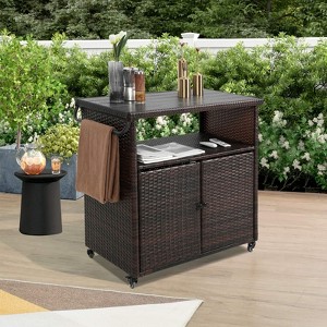 VisioGear Outdoor Bar Cart, Patio Wine Serving Cart, Rolling Rattan Beverage Bar Counter Table for Party, Black&Brown, 51.18"*19.69"*35.43" - 1 of 4