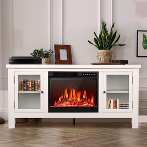 ZAFRO  58 Inch Glass Cabinet Doors TV Stand with 23 Inch Electric Fireplace & Media Entertainment Center Console Table for TV up to 65 Inch , White - 1 of 4