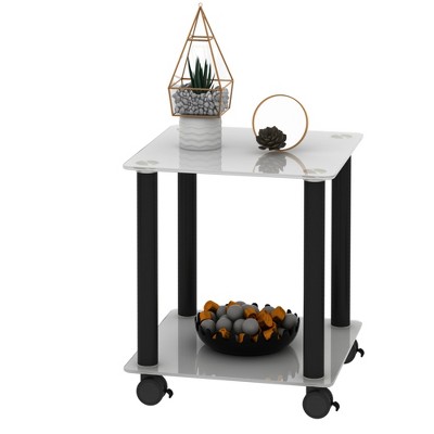 Infurnic Desks, Small Square Table with Two-tier Storage Rack and wheels, Modern Table for Home Bedroom, White, 15.75"*15.75"*14.6"