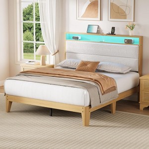 Boucle Platform Bed Frame with LED Lights, Upholstered Headboard with Built-in Charging Station, No Box Spring Needed, Easy Assembly - 1 of 4