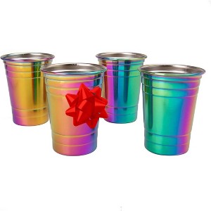 D'Eco Unbreakable Holographic Stainless Steel Party Cups (16 oz, 4 Pk) Drinking Glasses for Games- Great for Entertaining, College, Parties, Birthdays - 1 of 4