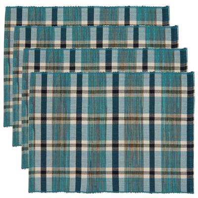 Teal and Blue Green Plaid Woven Water Hyacinth Placemats, Set of 4