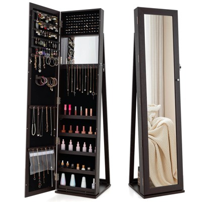 Costway Mirrored Jewelry Cabinet Armoire Lockable Standing Storage Organizer with Shelf Black/White/Coffee/Dark Brown