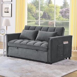 Convertible Sofa Bed with Adjustable Backrest - 3-Position Recliner , Pull-Out Sleeper, Two Side Pockets, 2 Pillows for Living Room, Grey - 1 of 4