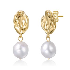 Guili Sophisticated Sterling Silver 14K Gold-Plated White Freshwater Pearl Crinkled Drop Earrings – Elegant Design with a Modern Touch - 1 of 2