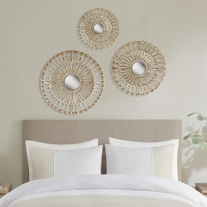 Wooakway 21" Round Natural Fiber Wall Decor Set with Mirrors Boho Chic 3 Piece Set for Living Room Kitchen or Entryway - 1 of 4