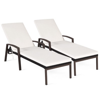 Beige Steel and Rattan Outdoor Chaise Lounge with Cushions