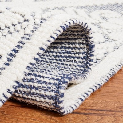 Ivory and Navy Hand-Knotted Wool 6' Square Area Rug