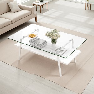 35.43" Glass Oval Coffee Table with Oak Legs - 1 of 4