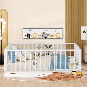 CAVINAS Kids Montessori Bed with Door,Versatile Metal Floor Bed with Fence,Twin/Full/Queen Size Toddler Bed for Bedroom Playroom,Black/White/Pink - 1 of 4