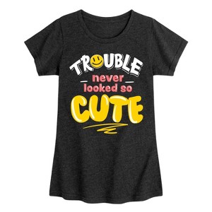 Girls' - Instant Message - Trouble Never Looked So Cute Fitted Short Sleeve Graphic T-Shirt - 1 of 4