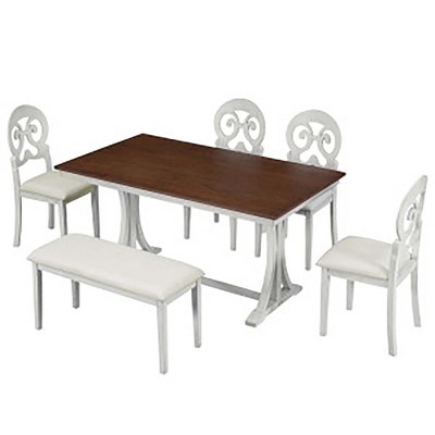 6-piece Mid-century Dining Table Set With Upholstered Chairs And Bench ...