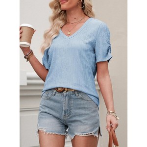 Womens V Neck Puff Sleeve Knit Textured Shirt Tops - 1 of 4