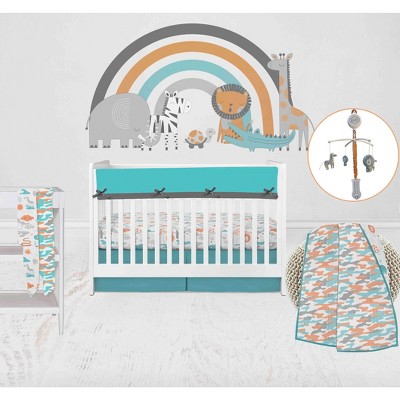 Bacati - Jungle Safari Boys Aqua/Orange Muslin 8 pc Crib Bedding Set with 2 Swaddling Blankets