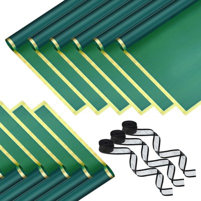 Unique Bargains Plastic Golden Edge Bouquet Flower Wrapping Paper 3 Packs with 3 Rolls Ribbons Green