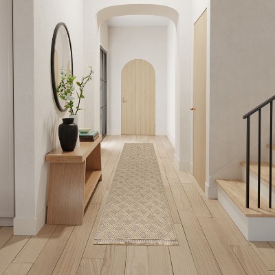 Natural Geometric Flat Woven Jute Runner Rug with Fringe