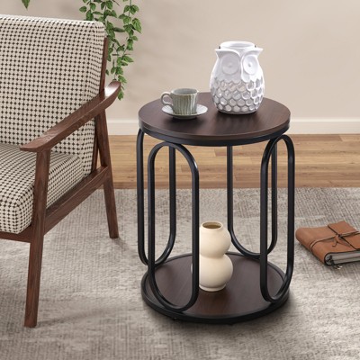Bekrvio 19.7" Round Wood End Table, 2-Tier Industrial Side Table with Metal Frame