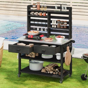 ORRD 64.9"H Grey-Blue Outdoor Potting Bench Table, Wood Kitchen Island with Hutch, Steel Top & Lockable Wheels - 1 of 4