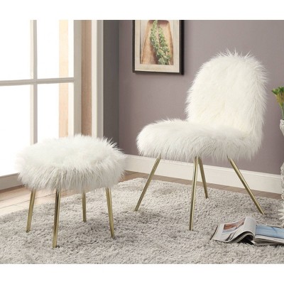 16" Vexley Square Faux Fur Glam Ottoman White/Gold - miBasics