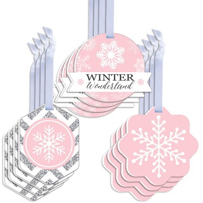 Big Dot of Happiness Pink Winter Wonderland - Assorted Hanging Holiday Snowflake Birthday Party Baby Shower Favor Tags - Gift Tag Toppers - Set of 12