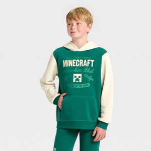 Boys' Minecraft Creeper Colorblock Fleece Hooded Sweatshirt - Dark Teal Green - 1 of 4