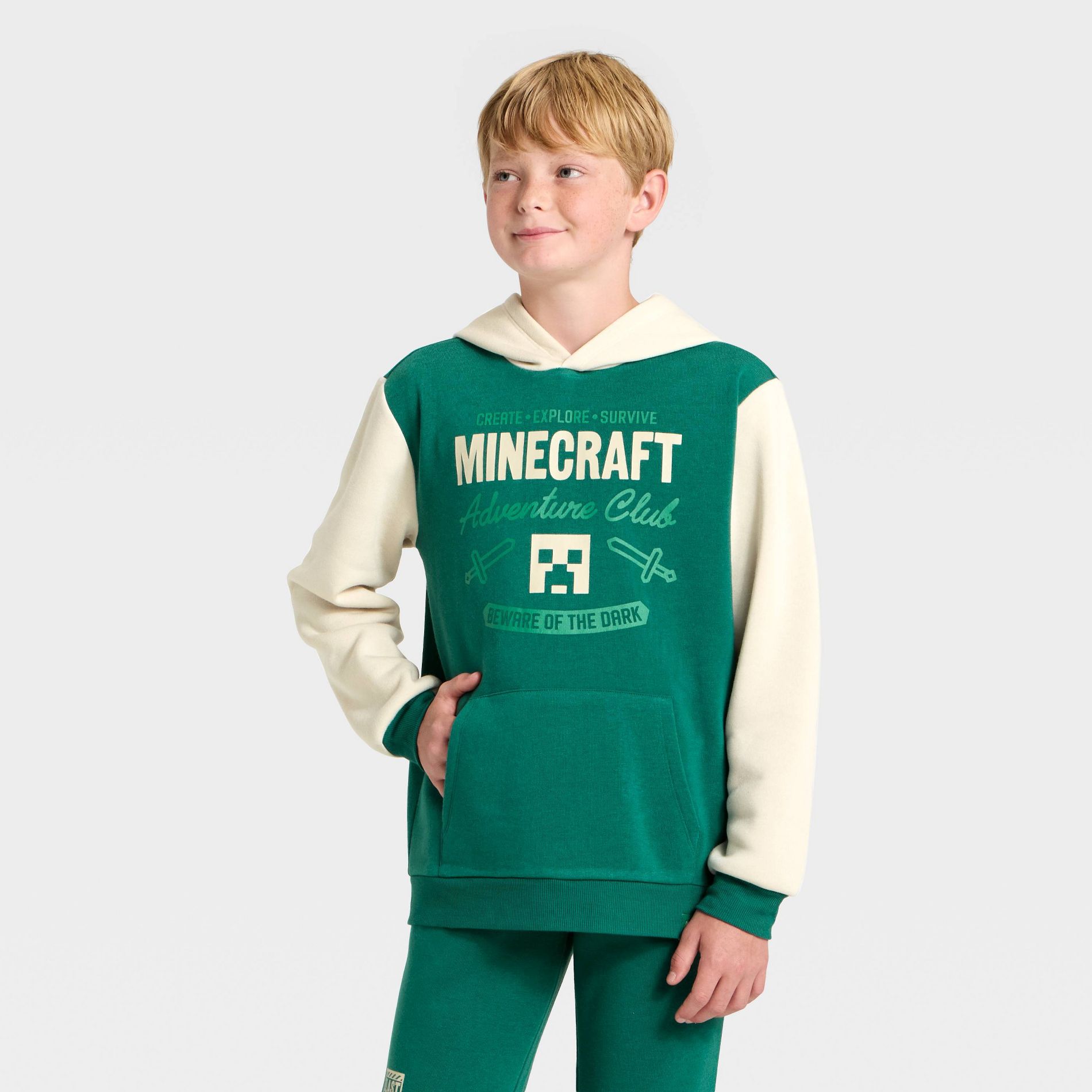 Boys' Minecraft Creeper Colorblock Fleece Hooded Sweatshirt - Dark Green M