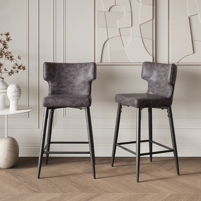 28"H Bar Stools Upholstered With PU Leather Set Of 2,Modern Bar Stools With Metal Legs And Metal Footrest-Maison Boucle