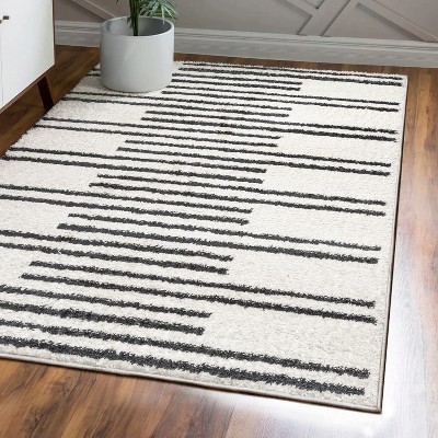 Ivory and Gray Striped Shag Area Rug 3 x 5