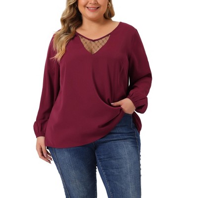 Agnes Orinda Women's Plus Size Chiffon V Neck Lace Panel Long Sleeve ...