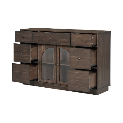 ModernLuxe Sideboard Storage Cabinet with Glass Doors, Solid Wood Buffet Console Display Cabinet with Drawers & Adjustable Shelves