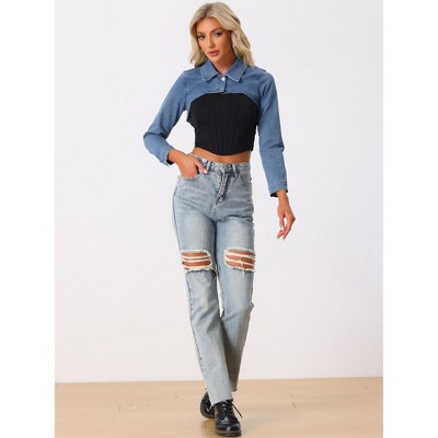 Allegra K Women's Long Sleeve Cropped Denim Jacket X-Small Blue — фото 4