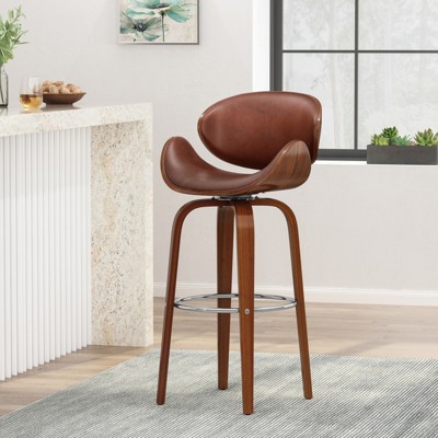 Bar Stools, Modern PU Leather Upholstered Bar Chair With Back, Footrest, Swivel Kitchen Counter Chair, Polished Beech Wood Frame Barstools