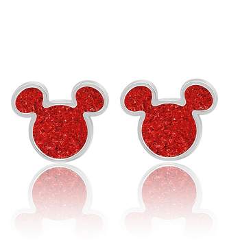Disney Womens Mickey Mouse Silver Plated Mickey Mouse Stud Earrings with Red Glitter