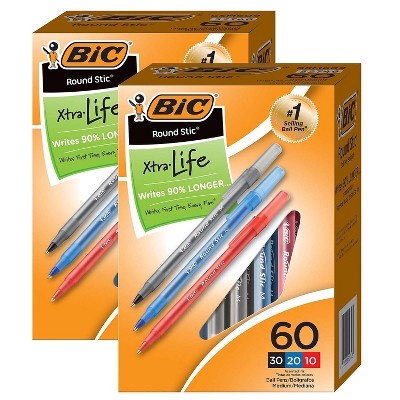 BIC Round Stic Xtra Life Ballpoint Pen Medium Point Assorted Colored Ink 60 Per Box 2 Boxes