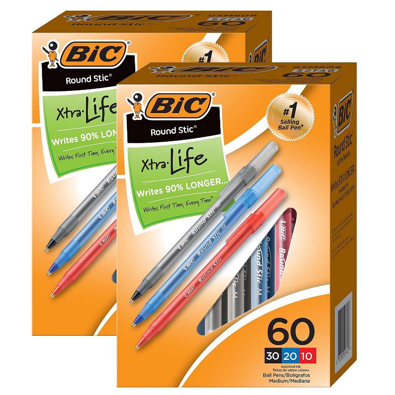 BIC Round Stic Xtra Life Ballpoint Pen Medium Point Assorted Colored Ink 60 Per Box 2 Boxes, 1 of 3