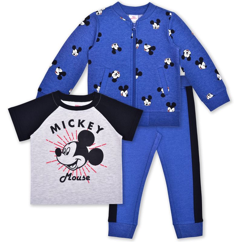 Disney Boy's 3-Pack Mickey Mouse Graphic Zip Up Jacket, Graphic Raglan Tee and Jogger Pant Set for toddler, 1 of 8