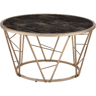 33" Cicatrix Coffee Table Faux Black Marble Glass/Champagne Finish - Acme Furniture: Modern Living Room Accent, Criss Cross Base