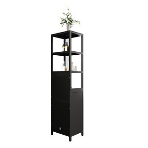TiramisuBest Tall Slim Storage Cabinet with Shutter Door & 3 Shelves for Living Room/Kitchen/Bathroom (Black, Natural Bamboo) - 1 of 4