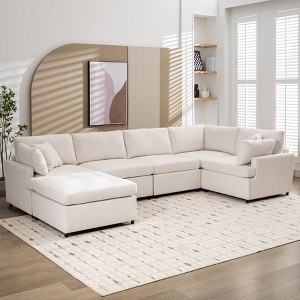 Okak U-Shaped Convertible Sectional Sofa Couch with Movable Ottoman, Modern 6 Seat Upholstered Sofa for Living Room,Apartment, Beige - 1 of 4