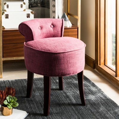 Rose Pink Button Tufted Vanity Stool with Mahogany Legs