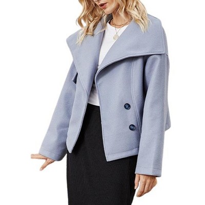 Womens Cropped Pea Coat Waterfall Collar Button Down Casual Jackets Fall Winter Outerwear