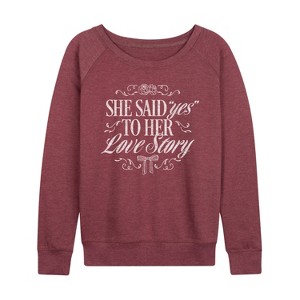 Women's - Instant Message - Yes To Her Love Story Lightweight French Terry Wide Neck Long Sleeve Graphic Shirt - 1 of 4