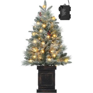 3FT Pre-Lit Christmas Tree, 70 LED, Snow Flocked, Potted, Battery Operated, Foldable Branches, Small Artificial Xmas Tree Indoor Outdoor - 1 of 4