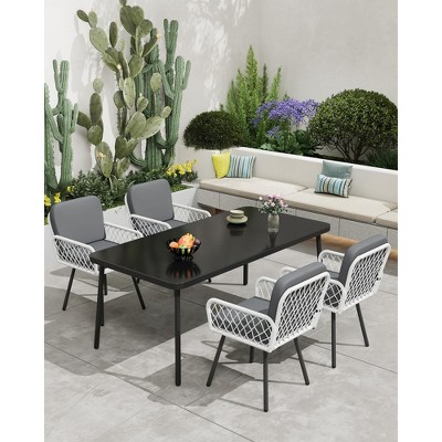 59" Black Tempered Glass Patio Table w/ Metal Frame - Rectangular Dining Table for 4-6, Outdoor Use for Porch, Balcony & Poolside